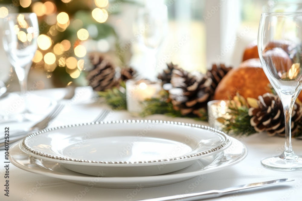 A table with a white plate and a glass of wine A table with a white plate and a glass of wine