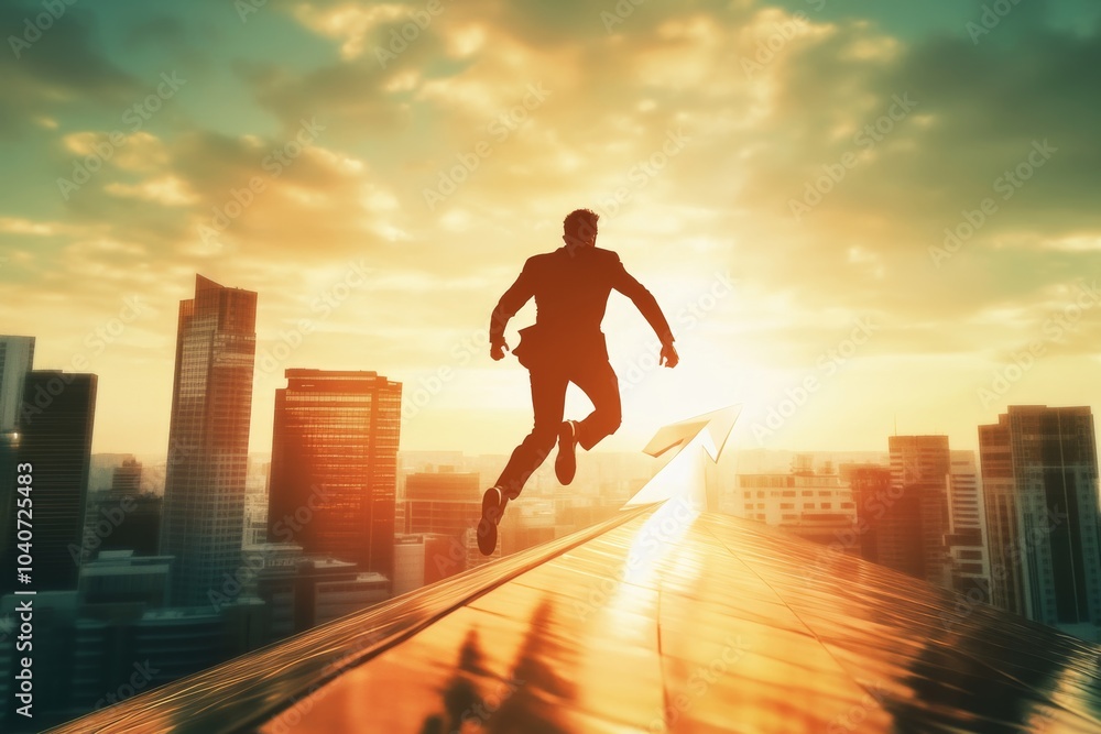 Businessman sprinting upwards along a rising arrow during sunset over a city, symbolizing success and progress in the corporate world Businessman sprinting upwards along a rising arrow during sunset over a city, symbolizing success and progress in the corporate world