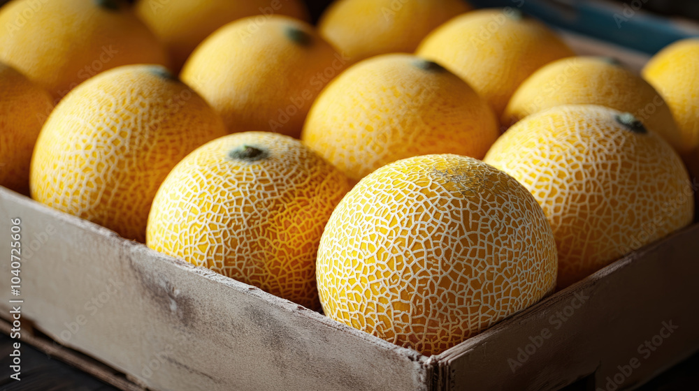 A box of yellow melons. The box is on a table A box of yellow melons. The box is on a table