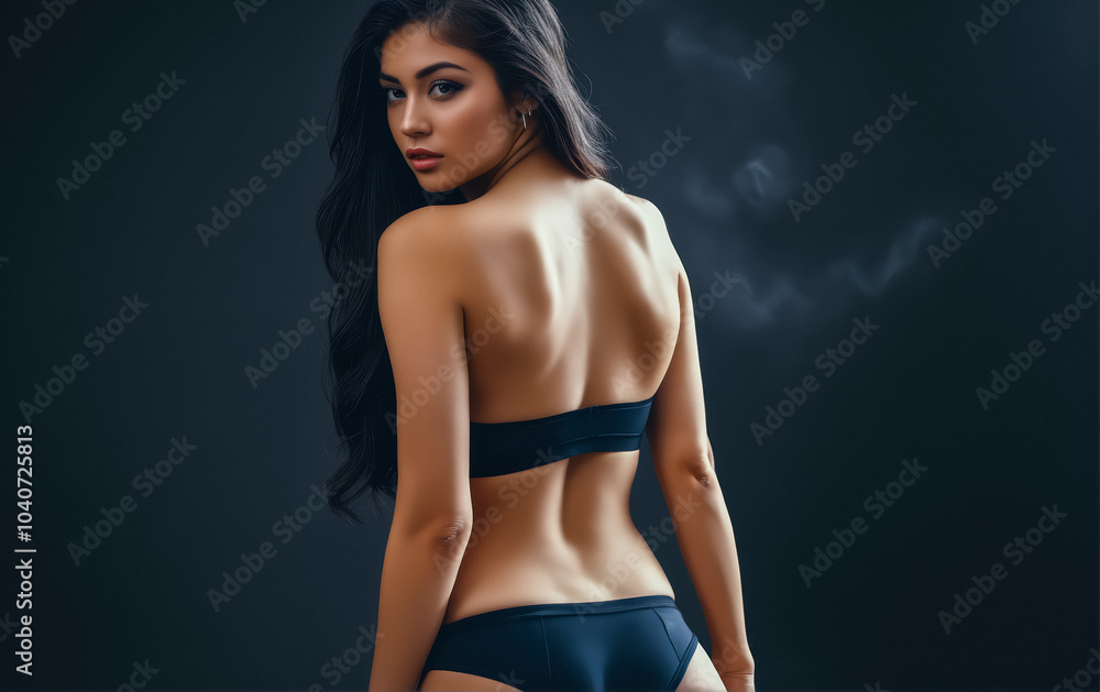 Obraz premium Portrait of attractive young slim woman with fit body in bikini on plain background. Advertising fashion photo shoot, concept.