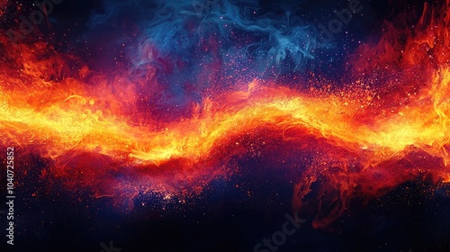 Abstract fiery wave with blue and red smoke against a dark background.