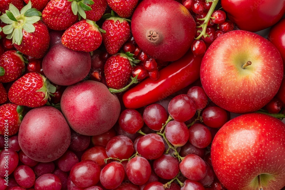 A close up of red fruits and vegetables including apples, strawberries A close up of red fruits and vegetables including apples, strawberries