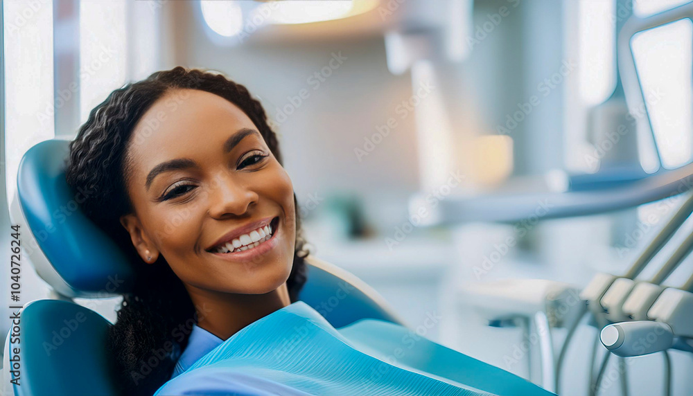 Fototapeta premium Smiling African-American patient in a dentist's chair