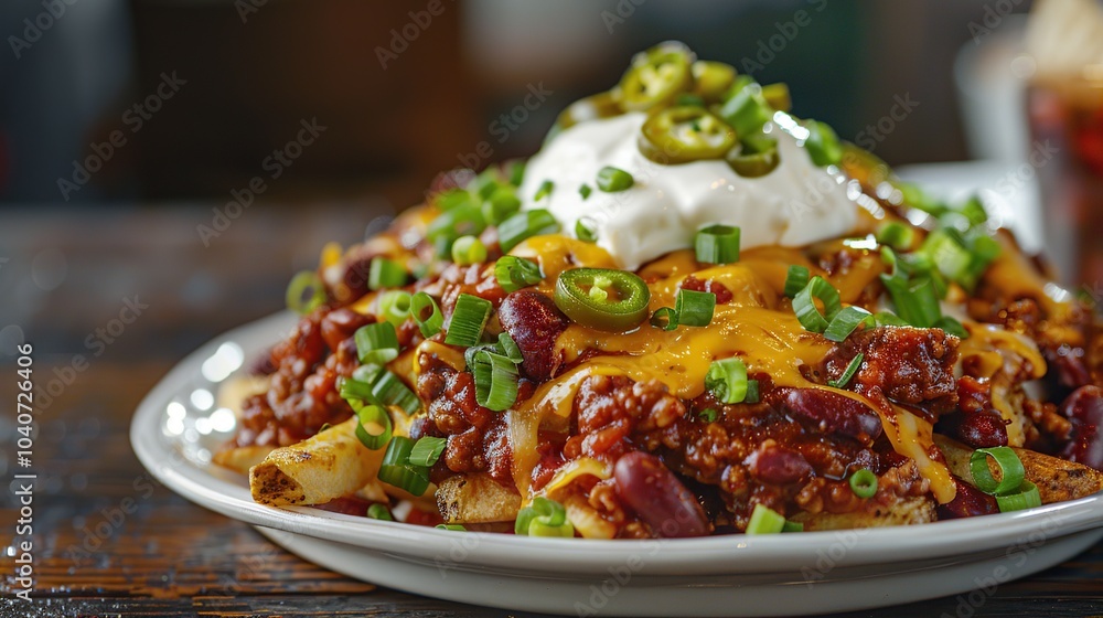 A plate of loaded chili cheese fries topped with jalape?+/-os, sour cream, and green onions A plate of loaded chili cheese fries topped with jalape?+/-os, sour cream, and green onions
