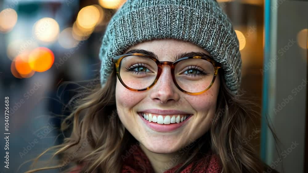 A woman wearing a gray beanie and brown-rimmed glasses smiles warmly outside on a crisp evening A woman wearing a gray beanie and brown-rimmed glasses smiles warmly outside on a crisp evening