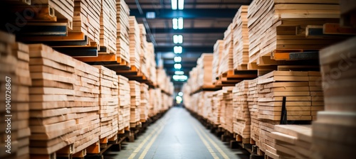 Stacks of lumber organized neatly in a warehouse aisle during daylight hours photo