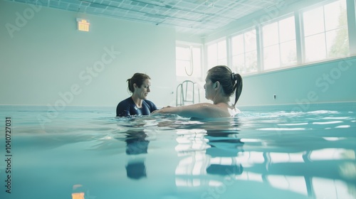 A dynamic image of a physical therapist assisting a patient with sports rehabilitation in a gym, with specialized exercise equipment and athlete in training, Athletic style