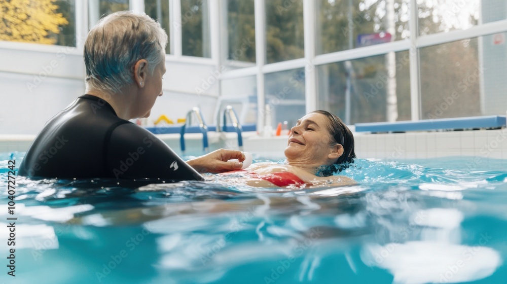 Fototapeta premium A dynamic image of a physical therapist assisting a patient with sports rehabilitation in a gym, with specialized exercise equipment and athlete in training, Athletic style