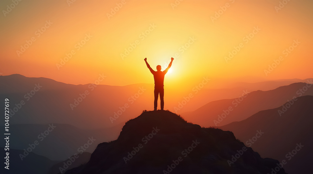 Silhouette standing on the top of the mountain and raising his hands up at sunset. Silhouette standing on the top of the mountain and raising his hands up at sunset.