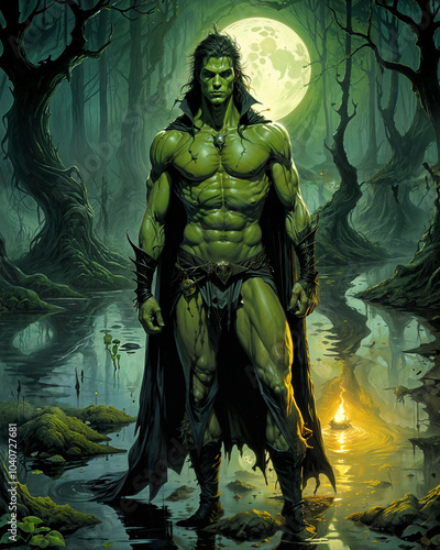 Illustration of Muscular Frightening Sexy Masculine Swamp Monster Demon Warrior Walking Through Water Under a Full Moon in a Haunted Forest at Night