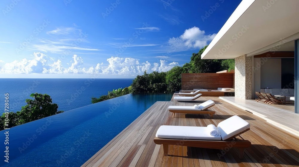 Fototapeta premium Wooden lounge chairs in the pool and deck of a contemporary villa