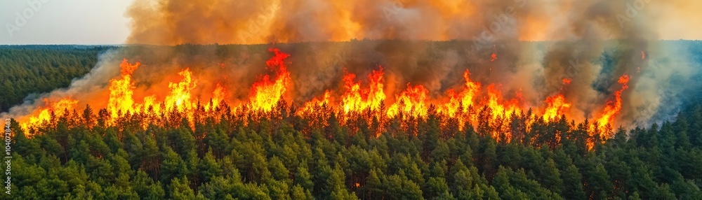 Aerial View of Intense Forest Fire with Thick Smoke Billowing Over Lush Green Trees in a Dense Woodland Area