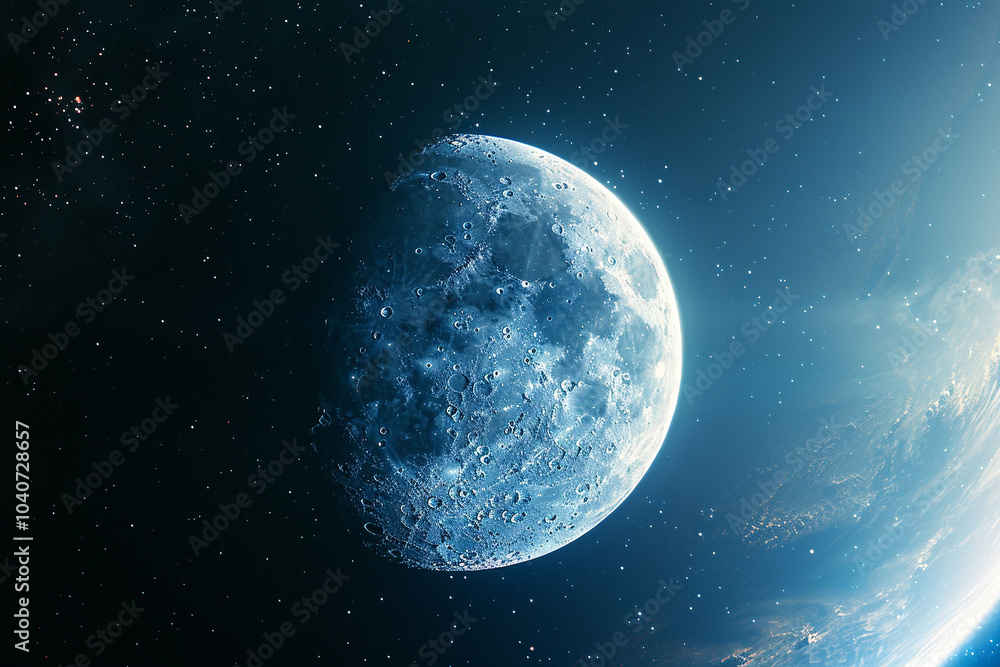 Obraz premium Blue moon in space. space photography of celestial body for scientific presentations, astronomy study. Banner with place for text