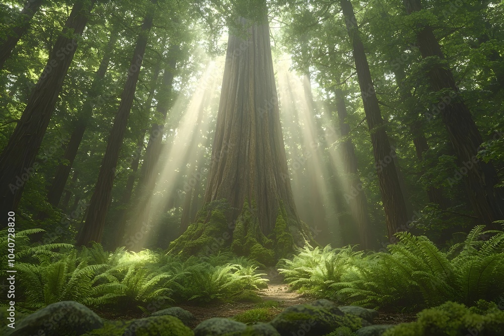 Obraz premium Majestic sunlight filters through the towering redwood trees in a serene forest, illuminating lush ferns and creating a mystical atmosphere.