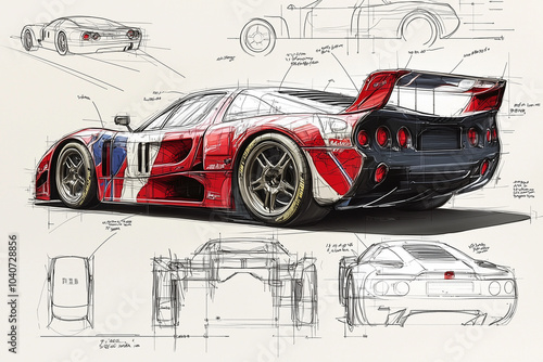 Sports car design blueprint, CAD style, pencil sketch effect, with classic rally racing colors, detailed measurements and labeled annotations. Pure white background photo