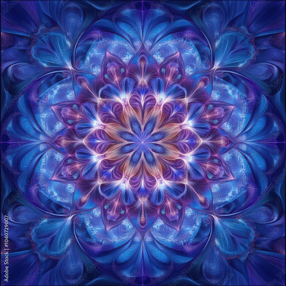 Intricate fractal mandala in vibrant blues and purples with glowing light reflections, showcasing detailed patterns and symmetry. Radiant and abstract design Intricate fractal mandala in vibrant blues and purples with glowing light reflections, showcasing detailed patterns and symmetry. Radiant and abstract design