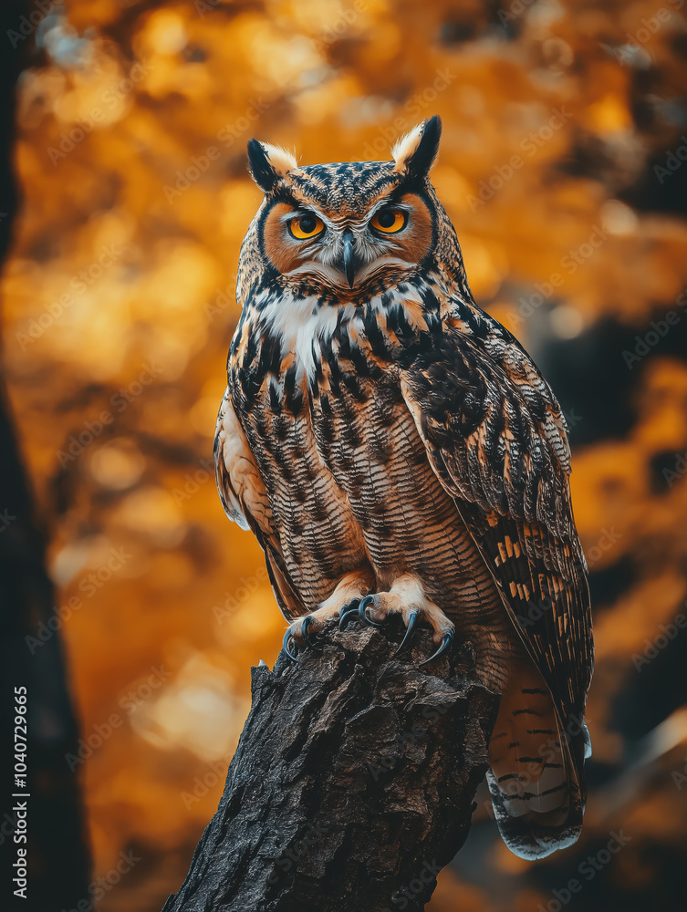 Majestic owl perched on a tree branch with vibrant autumn foliage background Majestic owl perched on a tree branch with vibrant autumn foliage background