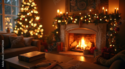 Living room interior with Christmas tree and fireplace. Christmas holiday concept. Winter evening