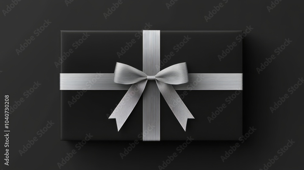 black gift box with silver shiny ribbon against black background black gift box with silver shiny ribbon against black background