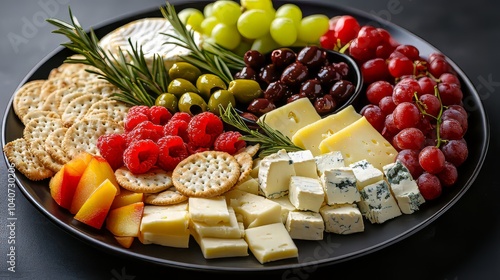 Fototapeta Naklejka Na Ścianę i Meble -  Delicious cheese platter with crackers, fruits and olives served on a dark plate. Dark plate with italian foods. Ultra realistic. Photorealistic