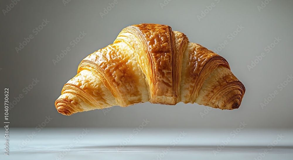 Croissant floating mid-air against light gray background, captured with sharp focus, high resolution, and professional studio lighting. Perfect for food photography and product concepts with clean Croissant floating mid-air against light gray background, captured with sharp focus, high resolution, and professional studio lighting. Perfect for food photography and product concepts with clean
