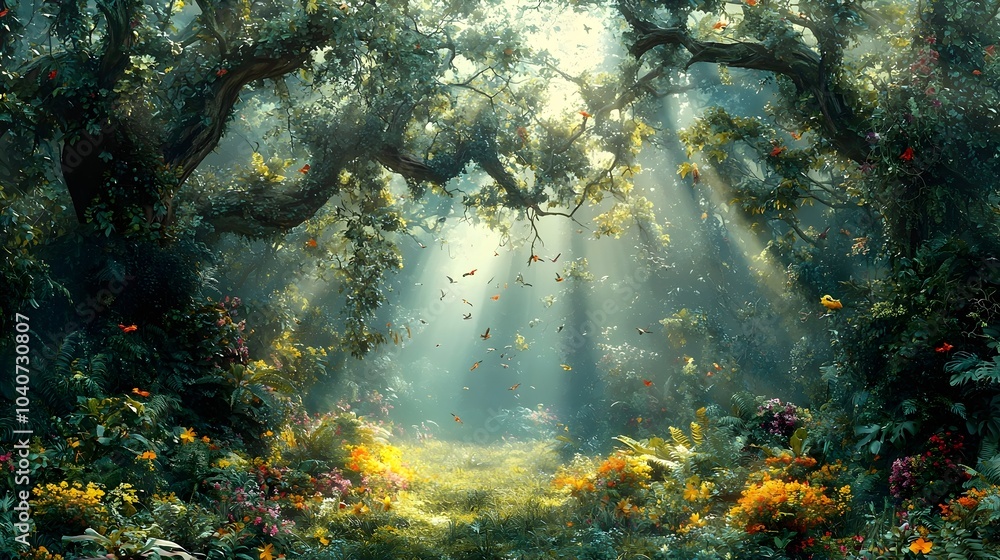 Sunlight streams through lush forest canopy, casting a serene glow over vibrant flowers and verdant foliage in a magical woodland setting. Sunlight streams through lush forest canopy, casting a serene glow over vibrant flowers and verdant foliage in a magical woodland setting.