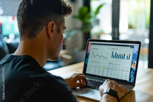 A business professional works on his laptop, analyzing company financial data and graphs, focused on boosting productivity and profitability photo