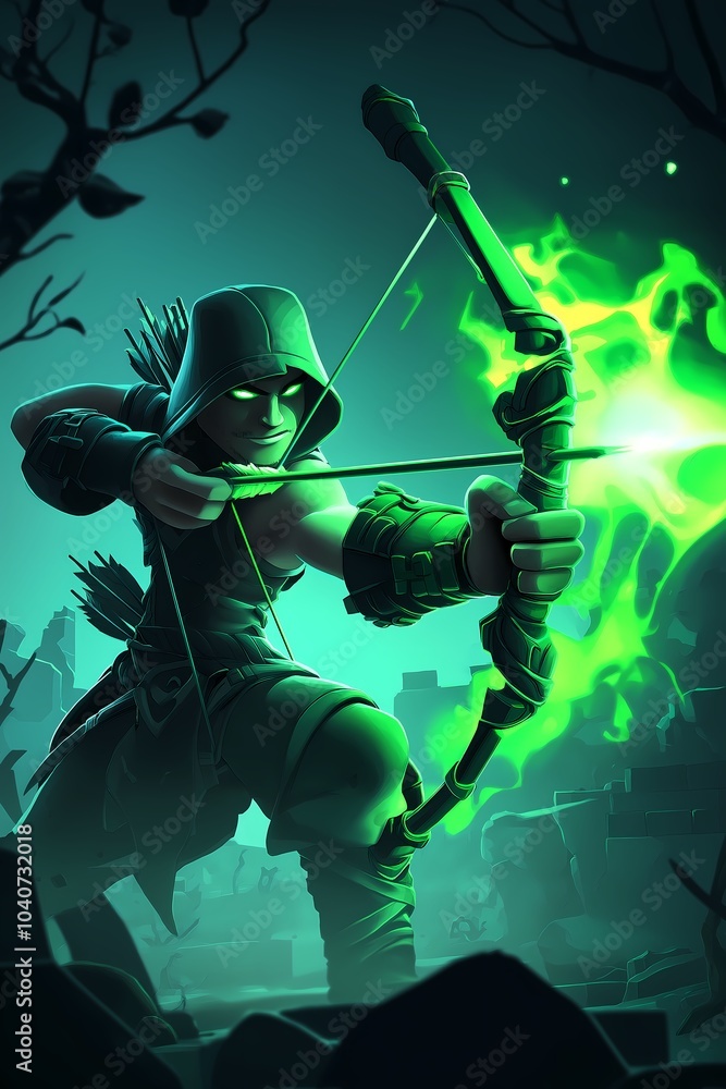 Naklejka premium A skilled archer in a hooded cloak aims with a glowing green bow in a mysterious, dark forest setting at night