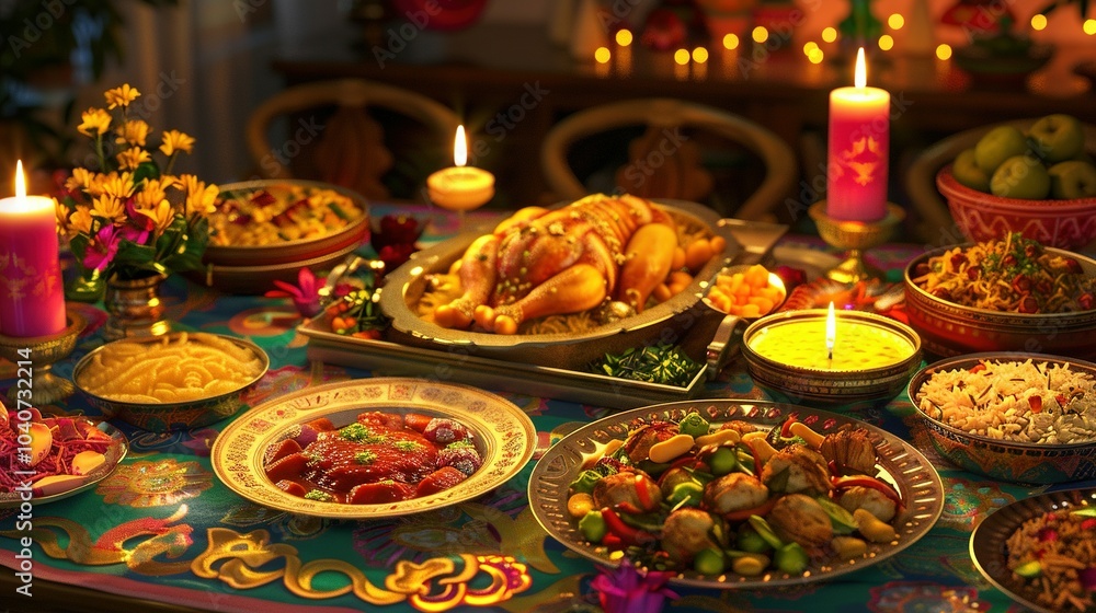 A Festive Table Setting with a Roasted Chicken and Various Dishes A Festive Table Setting with a Roasted Chicken and Various Dishes