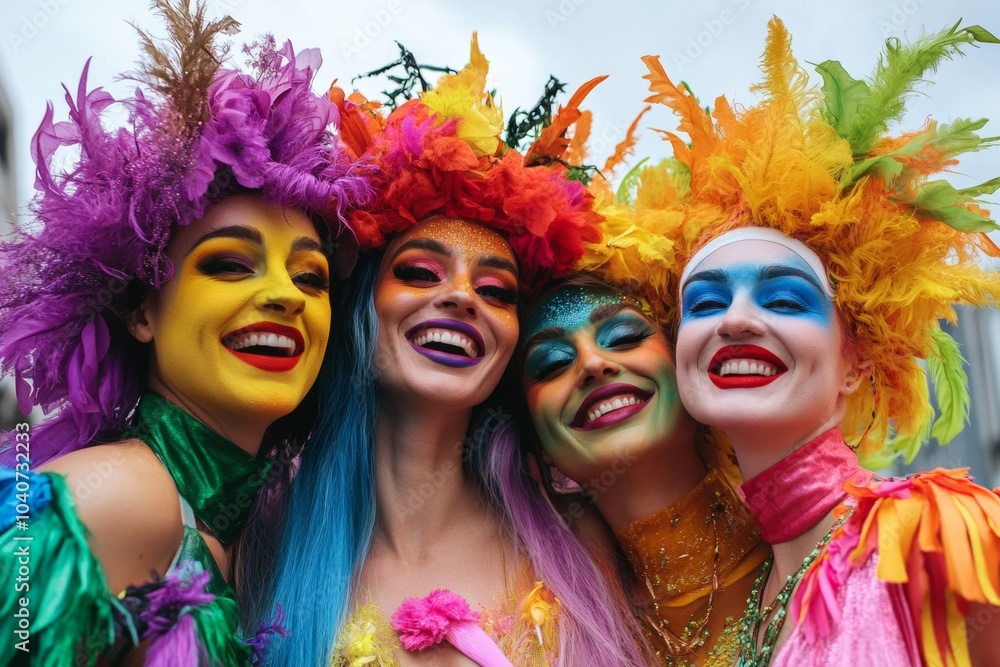 Obraz premium Joyful LGBT Halloween celebration featuring colorful costumes and vibrant decorations during a festive parade in the fall season