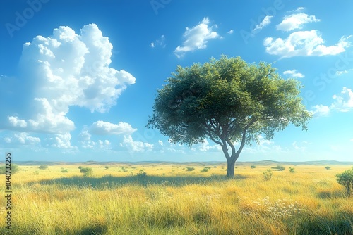 Lone tree in a serene grassy landscape under a bright blue sky with fluffy clouds, evoking a sense of tranquility and natural beauty.