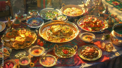 A Golden Table Spread with Diverse Dishes in Ornate Vessels