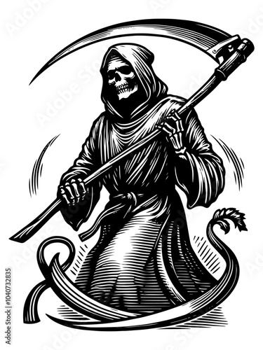 Grim Reaper Illustration in Black and White. Generative ai.