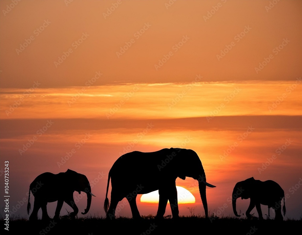 Fototapeta premium silhouette of a group of elephants at sunset