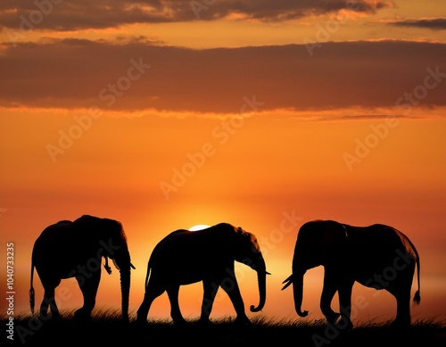 silhouette of a group of elephants at sunset