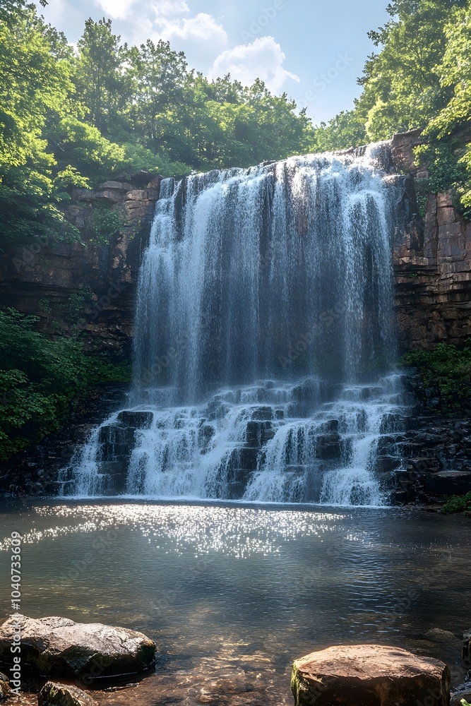 Naklejka premium Majestic waterfall cascading over rocky cliffs into a serene pool surrounded by lush greenery under a clear blue sky.