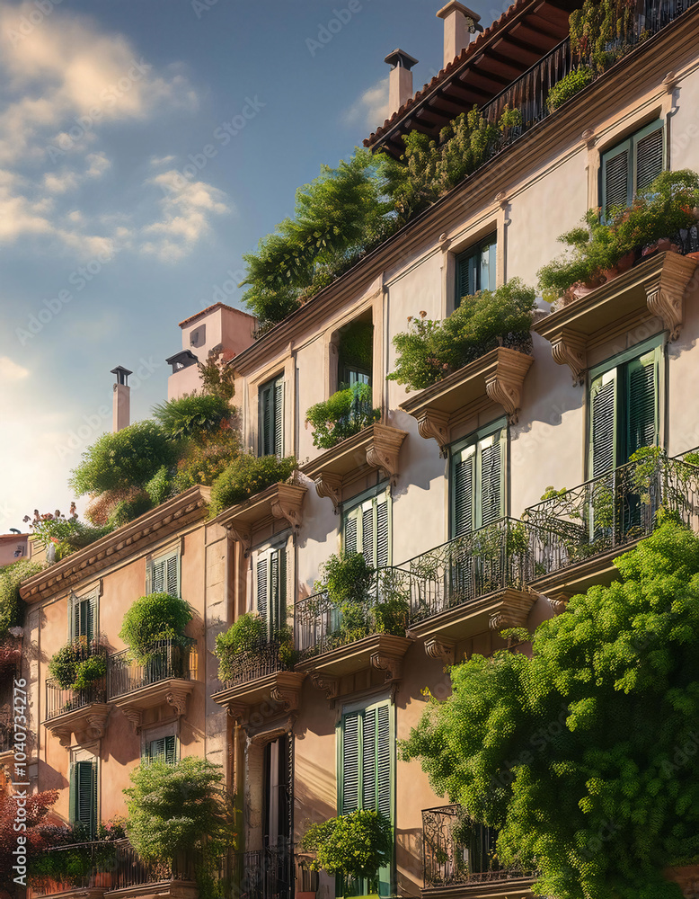 Sunlit quaint villa with lush greenery and flowers Sunlit quaint villa with lush greenery and flowers