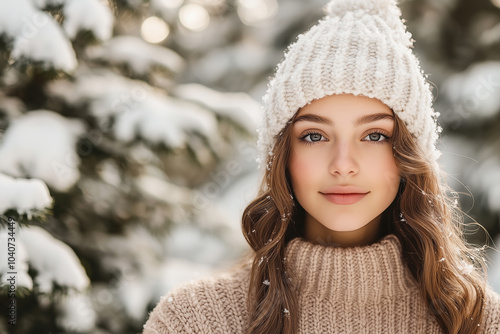 A young woman in a cozy beige knit sweater and matching beanie gazes, standing beside snow-covered evergreen trees.