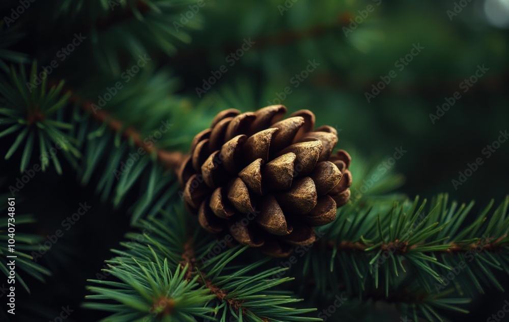 Pinecone nestled in vibrant green pine branches Pinecone nestled in vibrant green pine branches