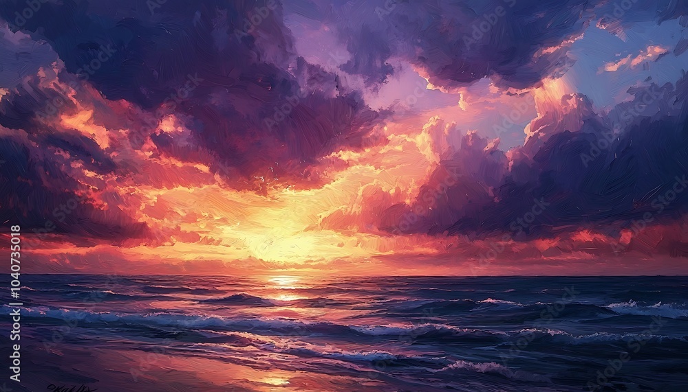 A stunning sunset landscape painting the sky in twilight hues. A stunning sunset landscape painting the sky in twilight hues.