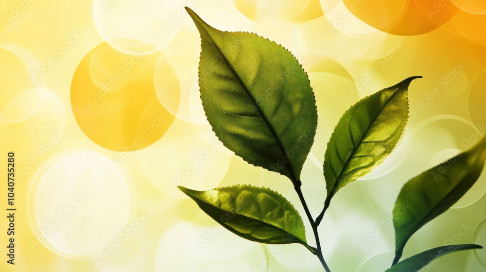 Fototapeta premium A distinctive silhouette of a tea leaf stands out against a warm, blurred background, highlighting its natural beauty and shape. Generative AI