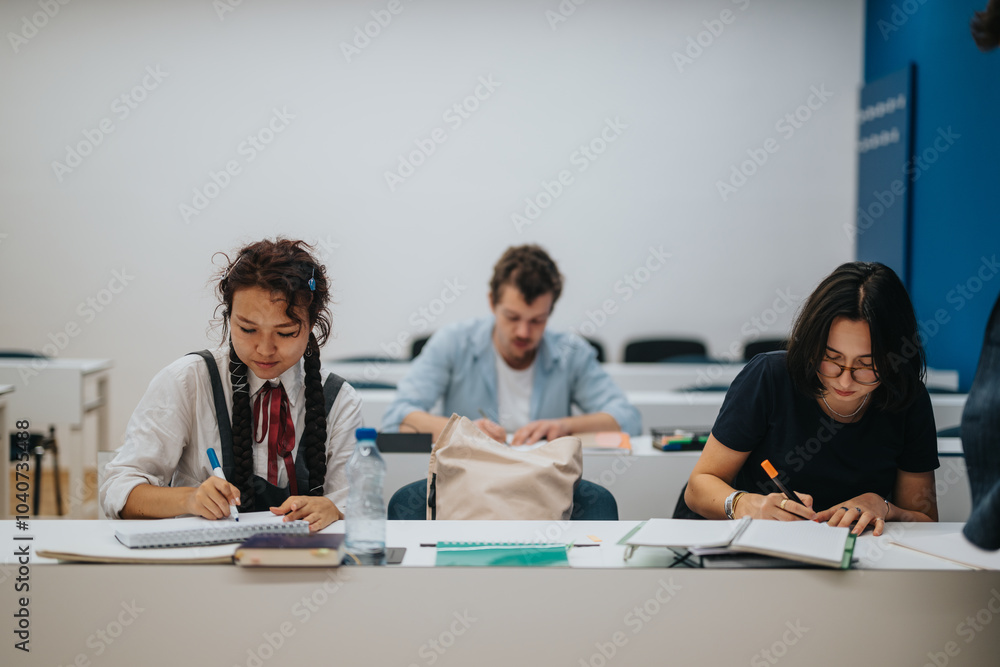 A group of students concentrated on their tasks in a classroom. The image captures an atmosphere of learning and collaboration, with a professor possibly assisting in the background. A group of students concentrated on their tasks in a classroom. The image captures an atmosphere of learning and collaboration, with a professor possibly assisting in the background.