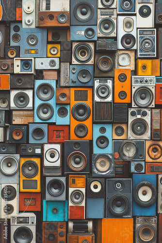 pattern of different retro and vintage speakers and subwoofers, music wall, sound equipment, system, boxes, loudspeakers, photorealistic