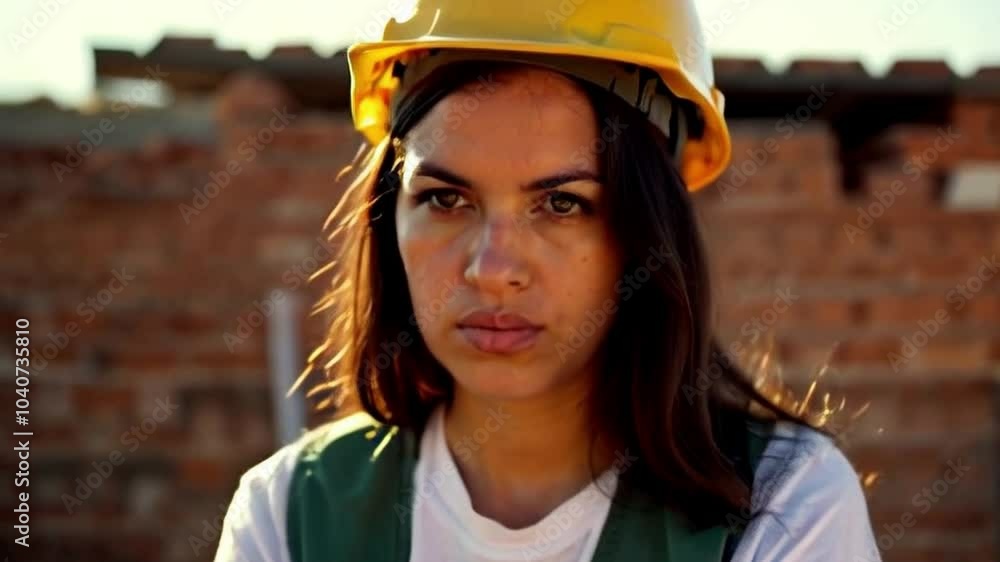 close-up of resilient female worker in construction gear close-up of resilient female worker in construction gear