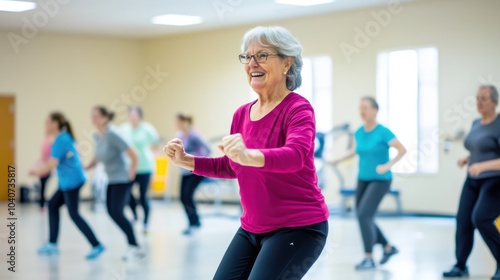 A fitness class for seniors in a bright community center, participants following the instructor’s lead, Active style