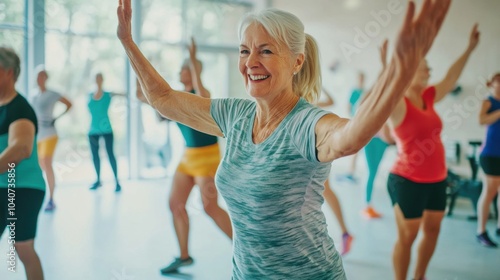 A fitness class for seniors in a bright community center, participants following the instructor’s lead, Active style