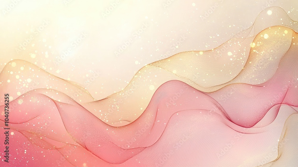 Fototapeta premium Abstract pink and gold waves with glitter on a light background.