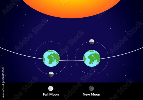 Moon Around the Earth with Sun and Lunar Phases of Full and New Moon Colorful Illustration