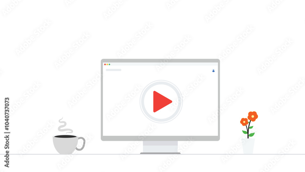 computer monitor watching videos on a table with coffee and a vase of flower, relaxed and calm isolated on a white background suitable for website design computer monitor watching videos on a table with coffee and a vase of flower, relaxed and calm isolated on a white background suitable for website design