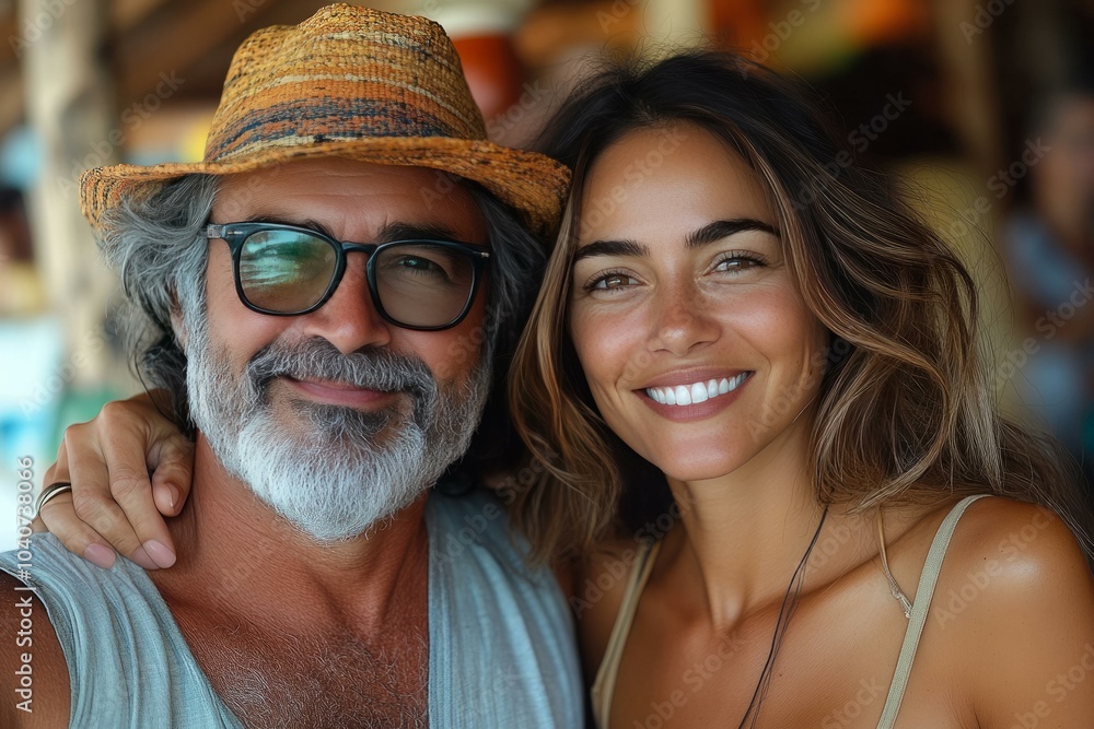 Happy couple enjoying vacation in tropical setting with smiles and relaxed vibes, wearing summer outfits and accessories. Happy couple enjoying vacation in tropical setting with smiles and relaxed vibes, wearing summer outfits and accessories.
